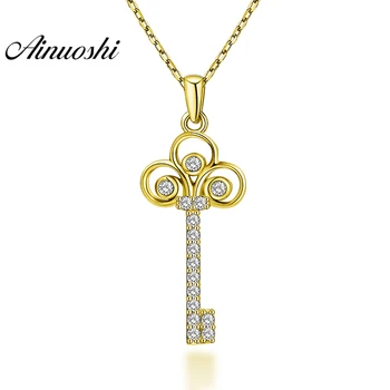

AINUOSHI 14K Solid White/Yellow Gold Pendant Ice Out Key Charm SONA Diamond Women Men Gold Jewelry Trendy Key Design Pendant