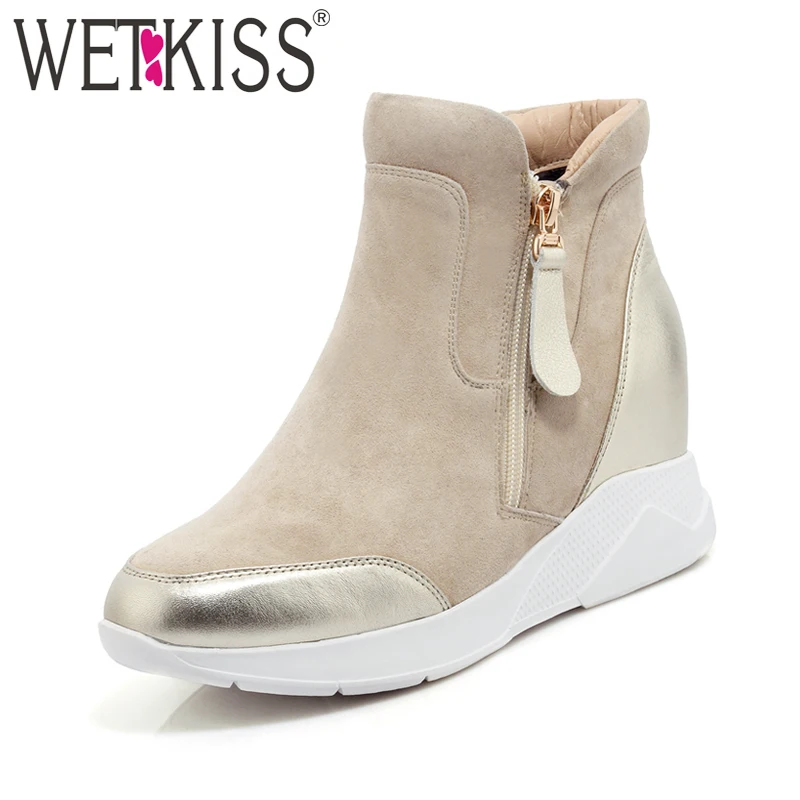 

WETKISS 2018 Women Shoes Kid Suede Cow Leather Ankle Boots Short Plush Warm Winter Boots Height Increasing Platform Shoes Zipper