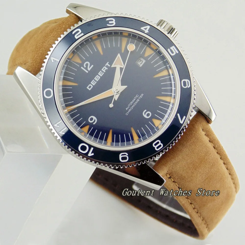 

41mm Debert Sapphire Glass Blue Dial Ceramic bezel One-way Rotation Leather Strap Automatic Mechanical Men's Watch