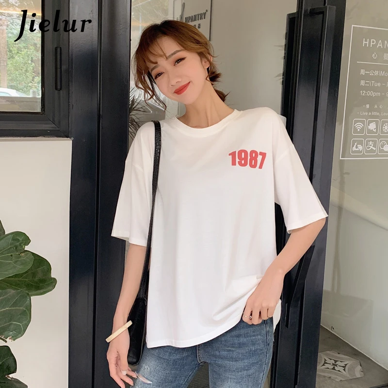 

Jielur Summer Korean Style T-shirt Female 1987 Digital Print Classic Simple T shirts Loose Apricot Black White Women Tops M-XXL