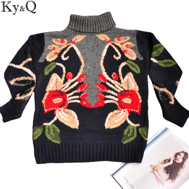 Ky&Q 2017 Autumn Women Thick Sweaters Turtleneck Neck Knitted Pullovers Long Sleeve Blouse Shirts Female Tops Embroidery floral