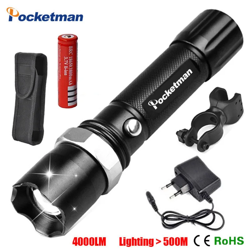 

XML-T6 LED Flashlight Waterproof 5 modes Zoomable Tactical Torch Lamp lanterna With Charger 18650 rechargeable Battery