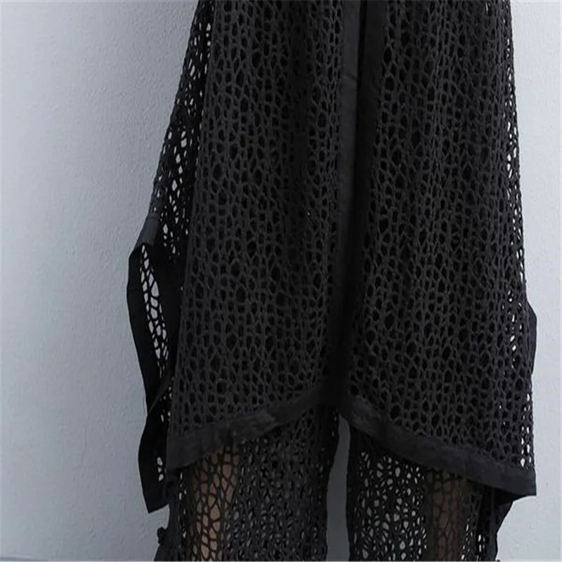 BUYKUD 2018 Summer Women Hollowed Black Suit Sleeveless Stand Collar Long Thin Coat Wide Leg Ankle-Length Pants Two Piece Set Women's Sets