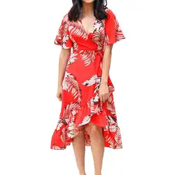 Для женщин Лето Половина расклешенными рукавами шифоновое платье Boho тропические листья с принтом и поясом Высокая Талия Разделение