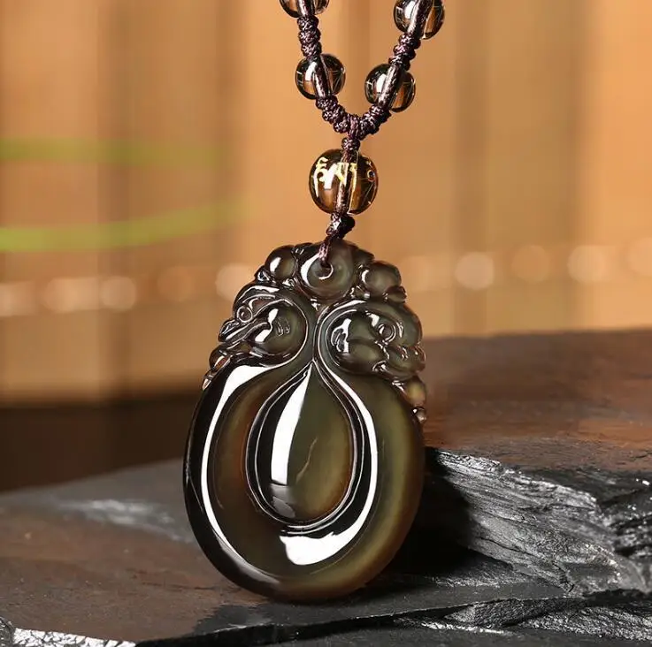 

Beautiful 100% natural color obsidian hand-carved double dragon ruyi pendant