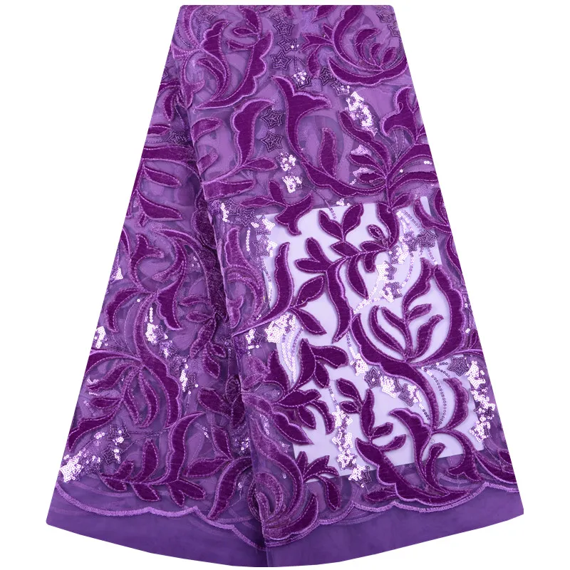 

2019 Purple Color High Quality African Tulle Lace Fabric Velvet French Net Lace Fabric With Sequins For Women Dress 1176