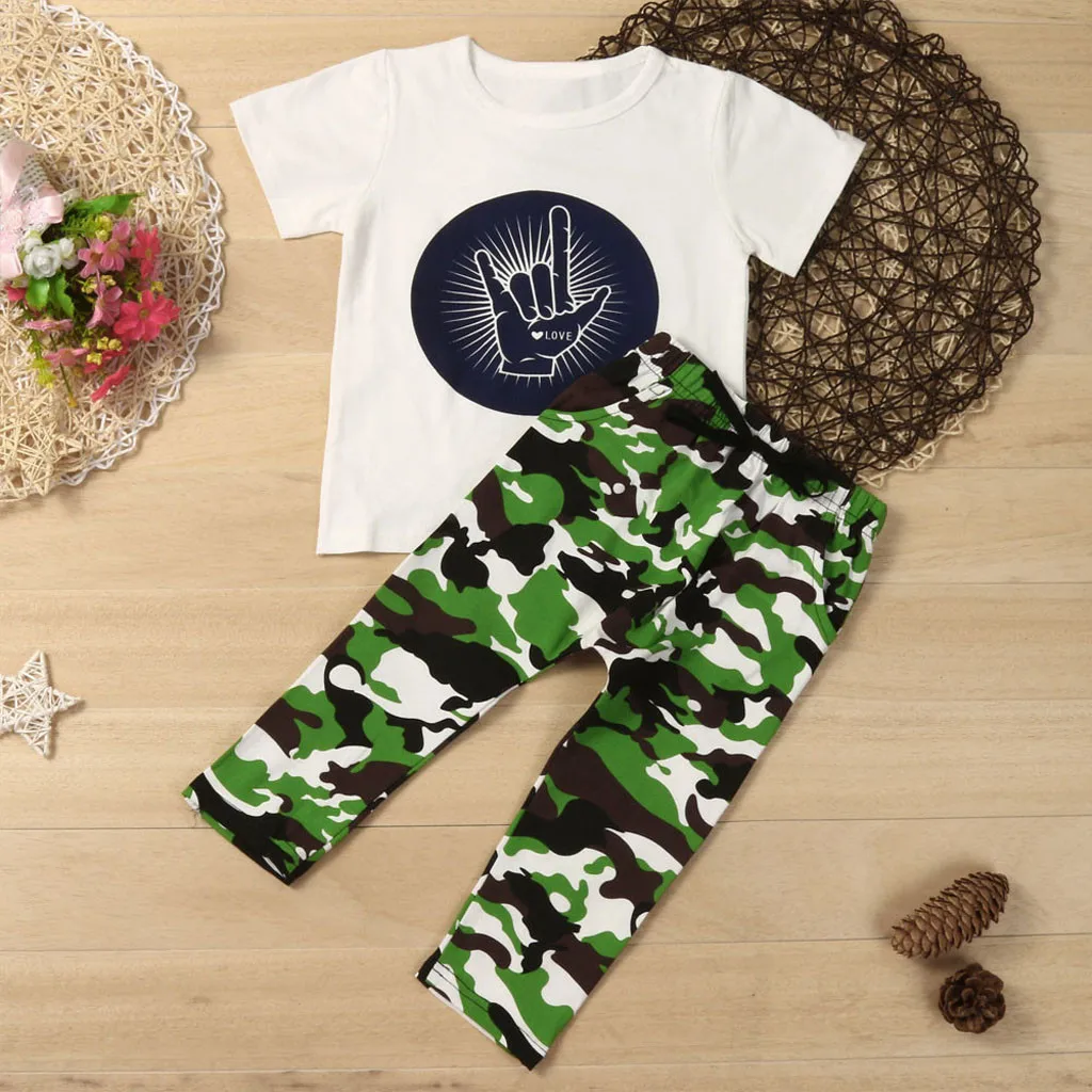 Baby Boy Kid Letter Printed T shirt Tops +Camouflage Printed Shorts Outfits Set