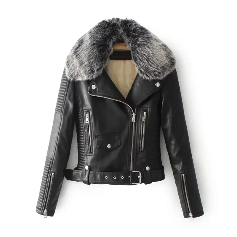 Women Fur Collar Motorcycle PU Leather Winter Long Sleeve Short Jacket Trend Autumn Fashion Turn-down Warm Clothing | Женская одежда