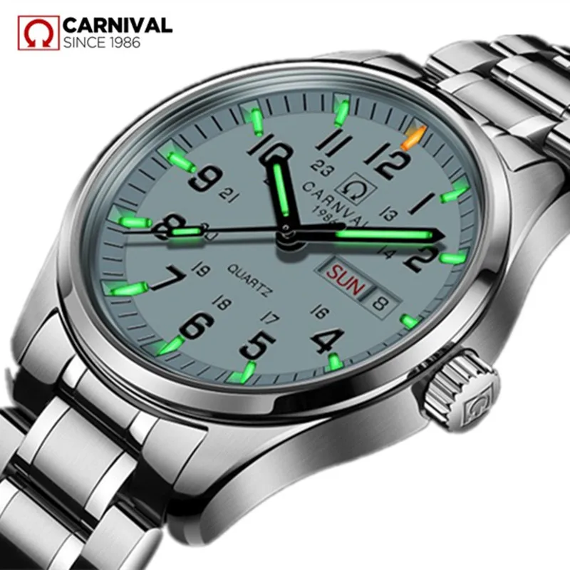 

Carnival Tritium T25 Luminous Quartz Watch Men Double Calendar Date Waterproof Military Waterproof Clock Stainless Steel