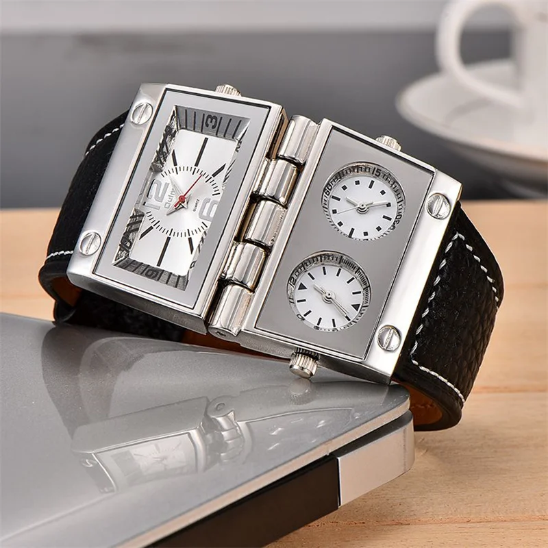 Oulm Limited Edition Men Unique Watches Two Different Rectangle Big Dials Quartz Clock Male Three Time Zone PU Wristwatch