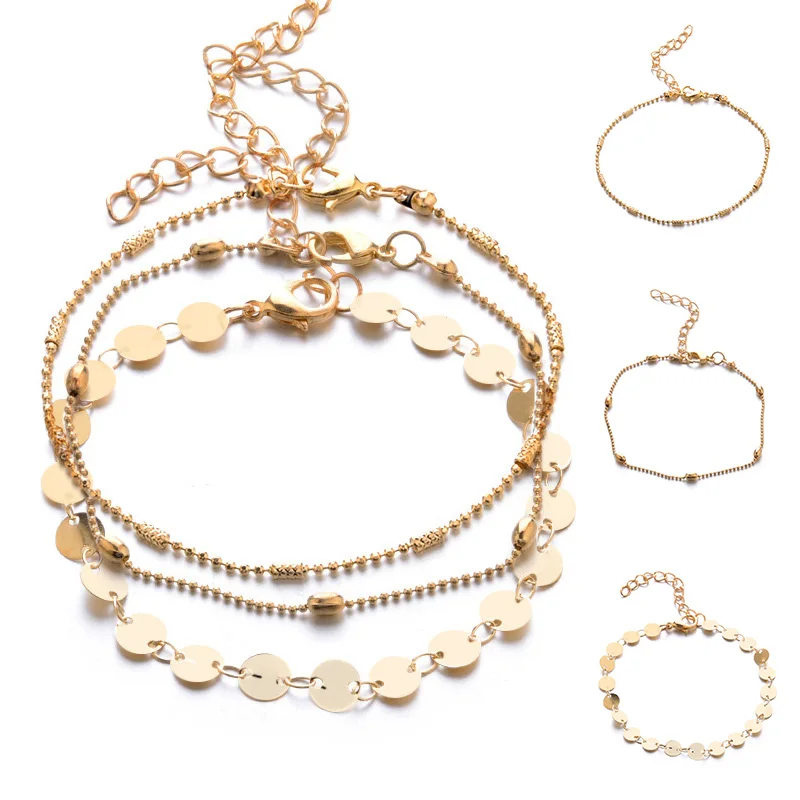 

Exquesite Beads Silver 3PCS/Set Girls Valentines Gift Graceful Unique Adjustable Bracelet Chain Sequin Hot Sale Bohemia Golden