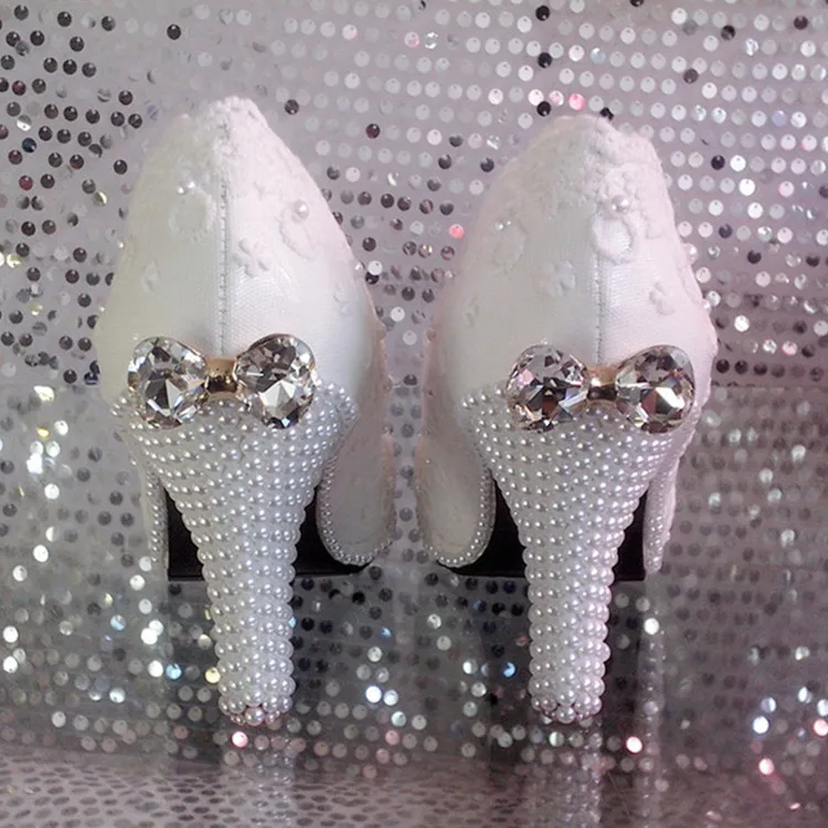 

Shoes woman pump High Heels Lace White Wedding Shoes Pearl Shoes bow Bridal /bridesmaid Shoes 8cm heel crystal butterfly-knot