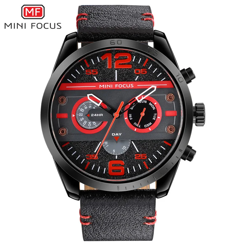 Red MINIFOCUS мужские часы, кожа, военные мужские часы для мужчин, роскошные повседневные мужские часы, кварцевые часы от ведущего бренда, Роскошные мужские часы с датой - Цвет: Red