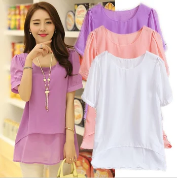 

Women Tops 2016 M-4XL Plus Size Loose O-Neck Short Sleeve Chiffon Shirt Women Casual Chiffon Blouse Blusas Femininas BH977