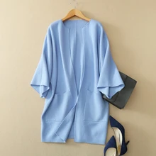 100 Pure Cashmere Navy Blue Cardigan Womens Open Stitch Thick Outerwear Long Sleeves Chunky Cardigan With