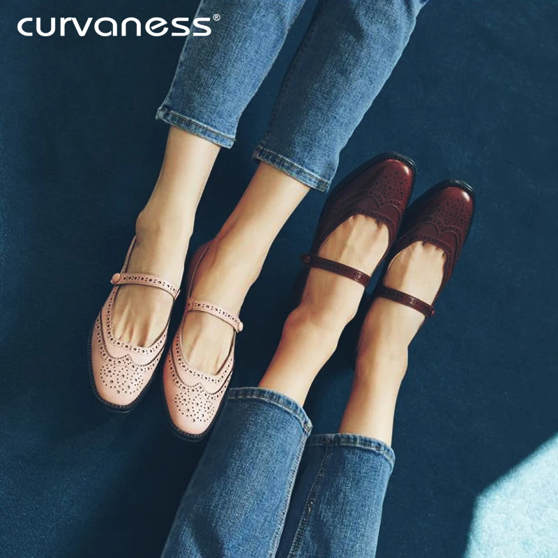 

curvaness 2018 Autumn Womens Flats Shoes Fashion Hollow Out Real leather Woman Mary Jane Shoes Casual Slip On Women Brogue Shoes