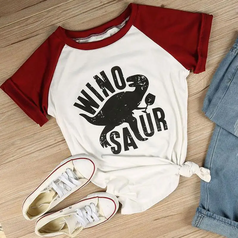  T-Shirts Women Short Sleeve Raglan Winosaur Dinosaur Print O-Neck Female Tops Summer Fashion Casual