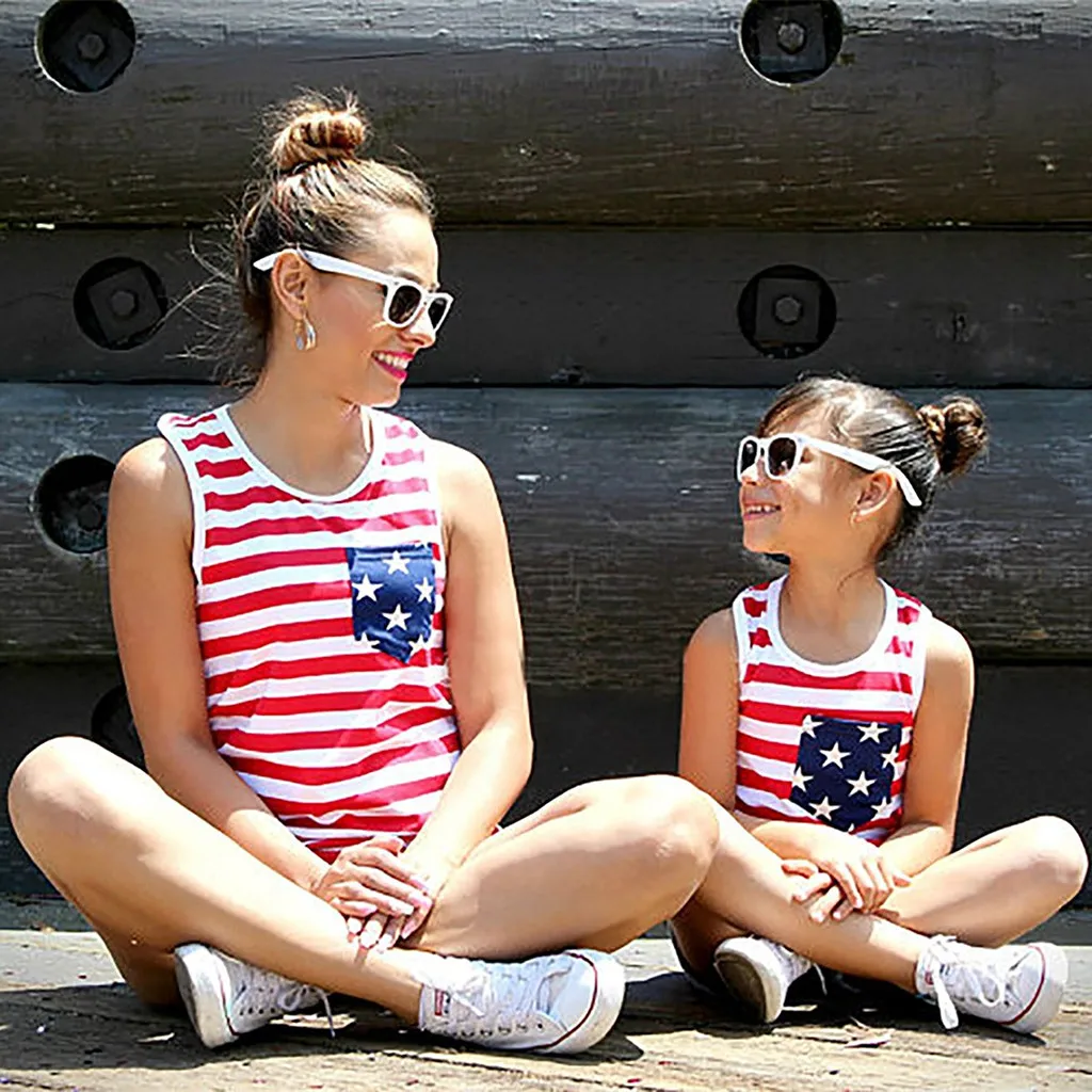 

Summer mommy and me tops clothes Women Summer Sleeveless American Flag Vest 4th Of July Clothes Blouse camisetas familia#py30