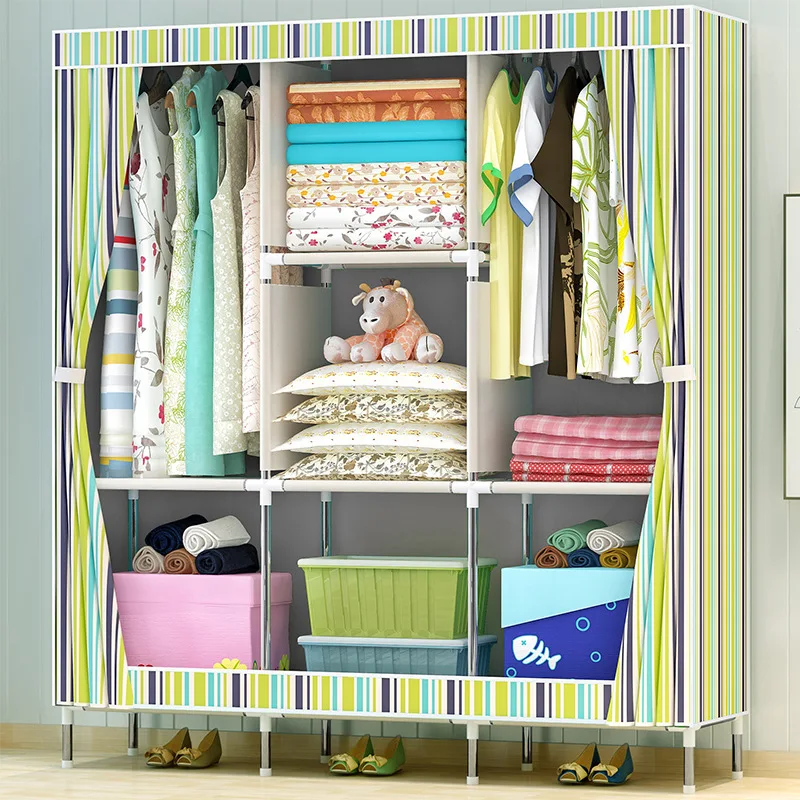Double Pole Clothing Closet Dress Rack Bedroom Storage Organizer Cabinet Portable Folding Cloth Wardrobe for Home Furniture Double Pole Clothing Closet Dress Rack Bedroom Storage Organizer Cabinet Portable Folding Cloth Wardrobe for Home Furniture