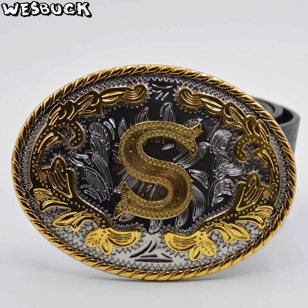 

5 PCS MOQ WesBuck Brand New Oval 3D Lace Gold S Initial Letter Cowboy Belt Buckle With Metal Fashion Men's PU Leather Belt