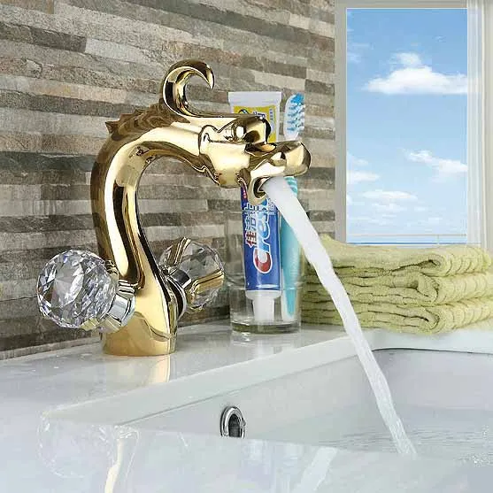 

Deck Mount Dual Crystal handle Basin Faucet dragon shape Spout Sink Mixer Tap Gold Finish for washroom