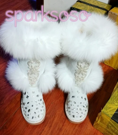 

Handmade cowhide gem high fox fur snow boots elevator boots