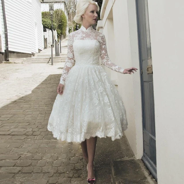 2016 Vintage Lace Wedding Dresses High Neck Long Sleeve Lique 2016 Vintage Lace Wedding Dresses High Neck Long Sleeve Lique Tea Length Bridal Gowns Autumn
