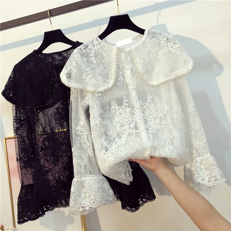 Корея Новинка весны модные элегантные Flare рукавом Для женщин рубашки перспектива марли женский джемпер Топ с бисером белый и черный