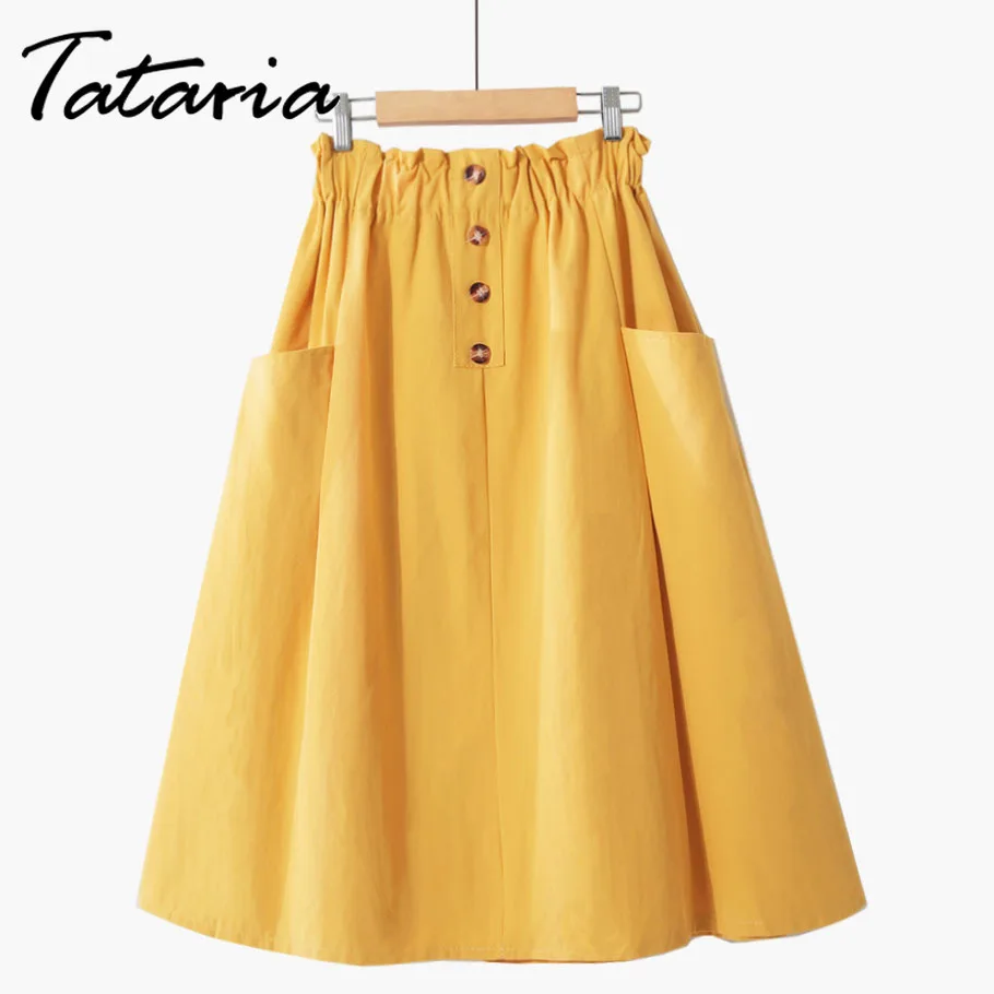 

Tataria High Waisted Skirt for Women Single Buckle Pure Color Pocket Skirts Women Loose Casual A Line Knee Length Skirt Fashion