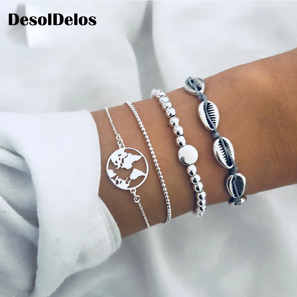 

4pcs/set Bohemian Silver Chain Beads Bracelets Vintage Fashion Ocean Map Shell Bracelets Bangles Sets For Women Jewelry