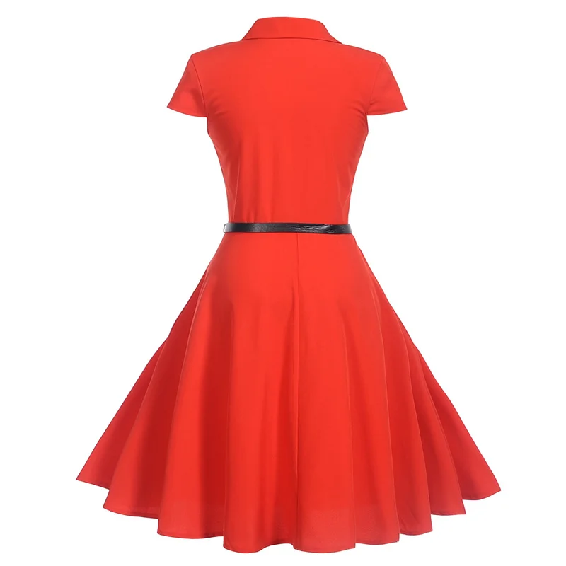 Kostlich Turn-down Collar Solid Color Dresses Hepburn Vintage Short Sleeve Dress Women Big Swing Dress S-2XL With Sashes (3)