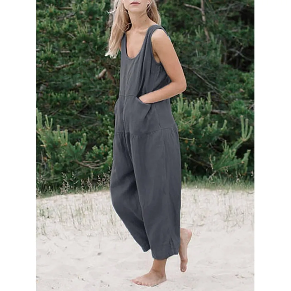 2019 Summer Women Sleeveless Jumpsuit Casual Solid Cotton Linen Rompers Loose Plus Size Wide Leg Jumpsuits 2019 Summer Women Sleeveless Jumpsuit Casual Solid Cotton Linen Rompers Loose Plus Size Wide Leg Jumpsuits