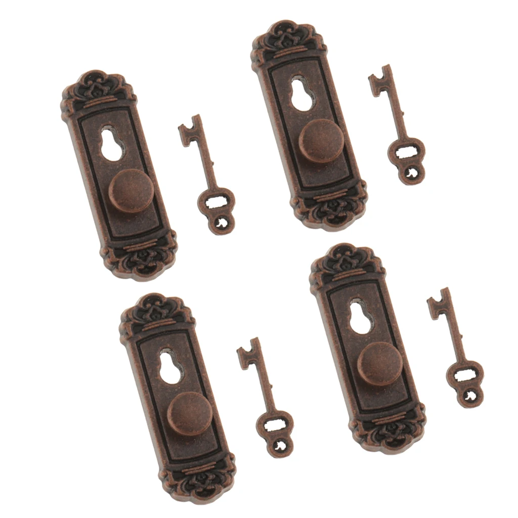 1:12 Scale Metal Door Handle Knob Plate & Key Set Doll House Miniature 4pcs