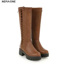 NEMAONE Winter women Boots Punk Women Thick high Heel lace up knee high Boots Black beige brown Shoes woman
