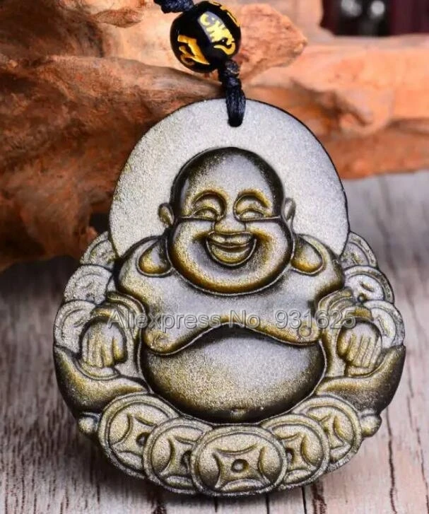 

Beautiful Natural Gold Obsidian Hand Carved Chinese Coin Buddha Lucky Amulet Pendant + Black Beads Necklace Fashion Jewelry