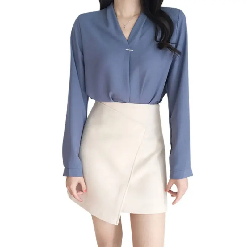 office Lady Chiffon Blouse Shirt Summer Blouse Tops Long Sleeve V Neck Female Blouse 5