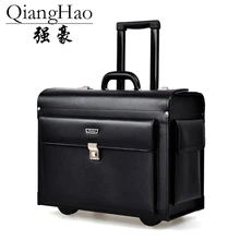 QiangHao, Роскошный деловой кожаный чехол на колесиках, пилот, капитан, багаж на колёсиках, мужской чехол для путешествий, женский, 17 дюймов, коричневый