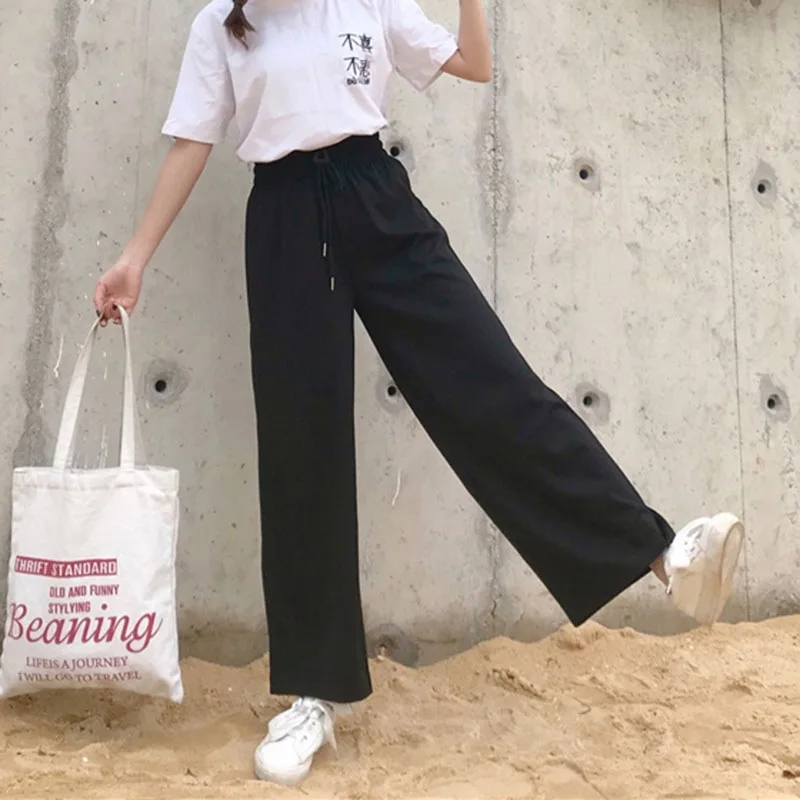 

Summer New Black Loose High Waist Crop Casual Pants Women One Size Chiffon Wide-leg Pants Plus Size Femme trousers