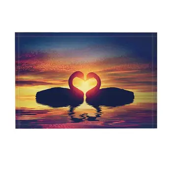 

Animals Bath Rugs, Two Swans Making a Heart Shape at Sunset, Non-Slip Doormat Floor Entryways Indoor Front Door Mat