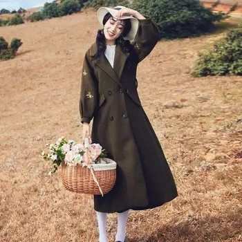 

Vintage style Woolen coat female long sleeve cute embroidery Double Breasted A-line jackets winter new cotton outerwear gx1646