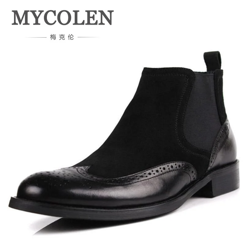 

MYCOLEN Chelsea Boots Pointed Toe Men Patchwork Leather Black Brand Quality Solid Spring Slip-on Ankle Casual Shoes Botas