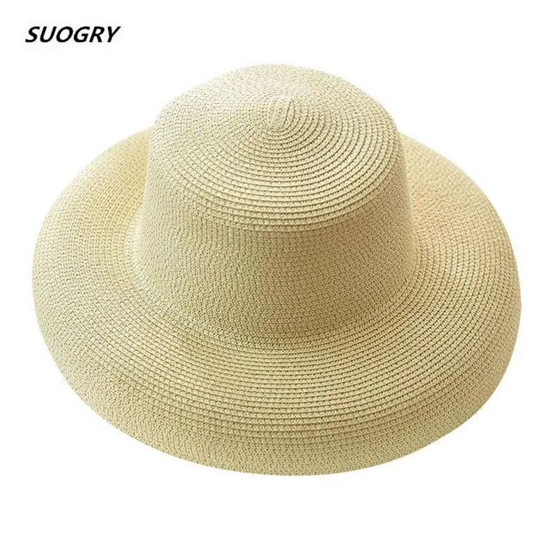 

2019 New Summer Sun Hats Ladies Solid Plain Elegant Wide Brim Hat Female Round Top Panama Floppy Straw Beach Hat Women