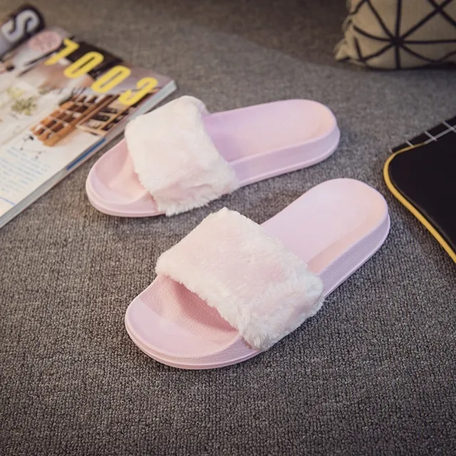 Women Slippers Spring Summer Autumn Plush Slippers Women Faux Fur Slides Flip Flops Flat Shoes,JA0070-28,37