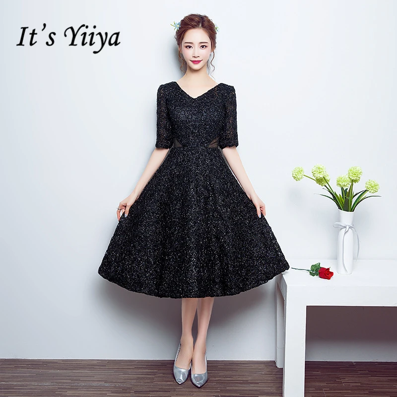 

It's YiiYa Hot Half Sleeve V-Neck Little BlackDresses Elegant Lace Bling Sequined Evening Party Simple Black Dress X062