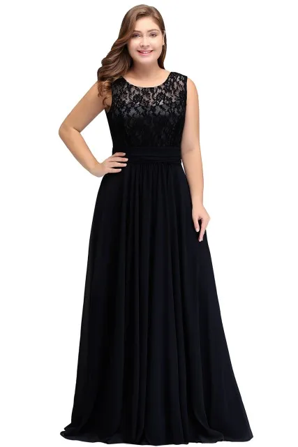 Шифоновое длинное вечернее платье размера плюс элегантное вечернее платье с кружевной аппликацией без рукавов - Цвет: Black