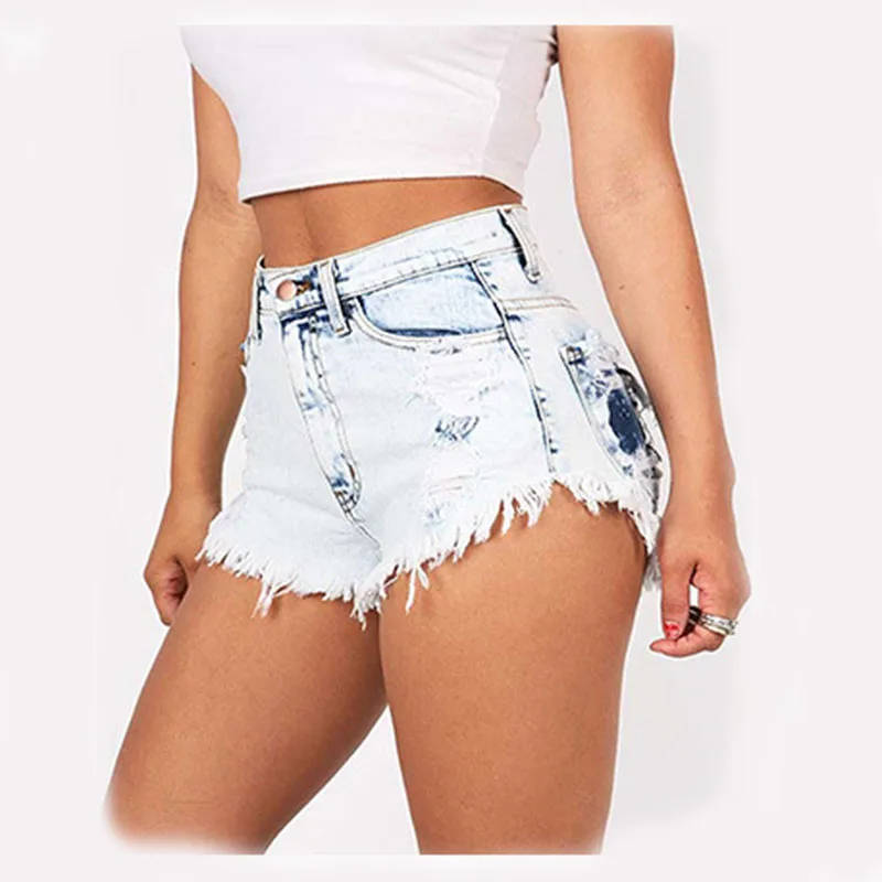 

2019 New Vogue Clothes Women Chic Shorts Holes Burr Elastic Shorts Empire Snowflake Washed Hot Shorts Ladies Cotton Denim Shorts