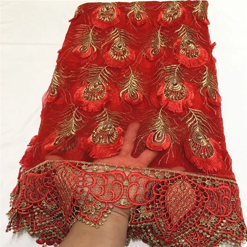 

2018 Most popular red african net lace fabric with beads french mesh lace fabric guipure laces for party dress QZ6-4