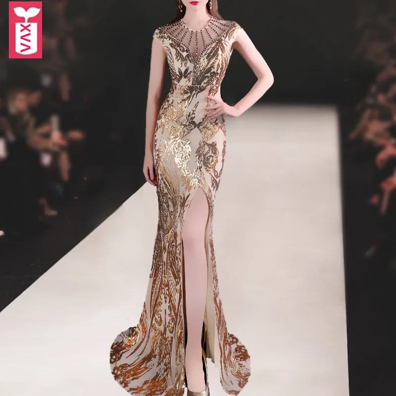 

Shiny Gold Sequins Floor-Length High Split Party Dresses Women Banquet Evening Formal Mermaid Fishtail Maxi Long Dress