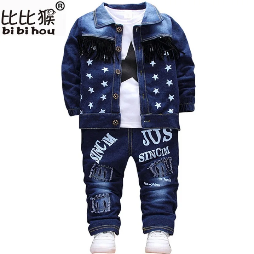 Baby Toddler Sport Clothes Suit kids Clothing Set Cotton Boy Clothes Denim Jeans Coat T-shirt Pants 3PCS Star Tracksuit Children new 3pcs children clothes set fashion t shirt denim pants headband autumn clothing sets for girls jeans crianca roupas