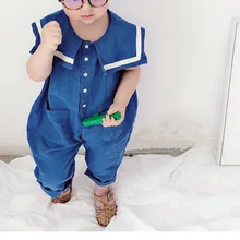 1719 корейский Комбинезон для маленьких мальчиков и девочек хлопковые свободные детские штаны с темно-синим воротником Повседневные детские штаны без рукавов